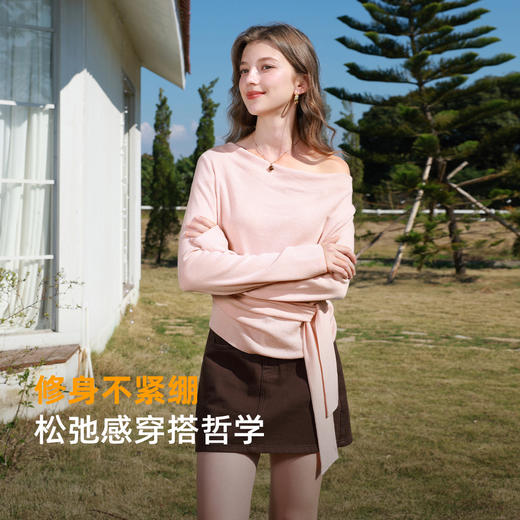 三彩2026春季新款荡领针织衫绑带毛衫修身长袖套头衫优雅M 商品图2