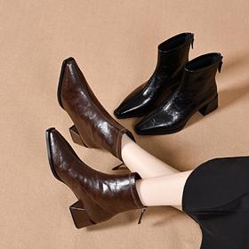 新款春秋季粗跟短靴女真皮高跟踝靴秋冬加绒女鞋方头中跟皮鞋