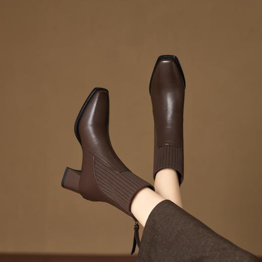 复古靴子女粗跟秋冬新款短筒马丁靴真皮方头高跟短靴时尚瘦瘦靴女 商品图2