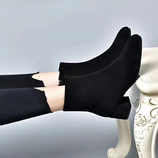 羊皮小短靴瘦瘦靴女秋冬新款裸靴粗跟圆头绒面真皮磨砂单靴 商品图0