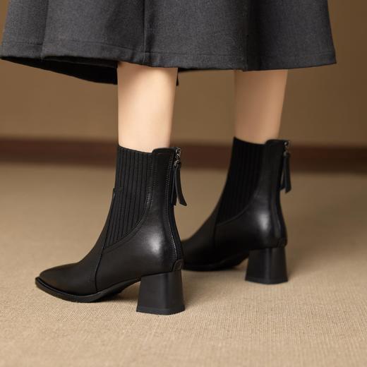 复古靴子女粗跟秋冬新款短筒马丁靴真皮方头高跟短靴时尚瘦瘦靴女 商品图1