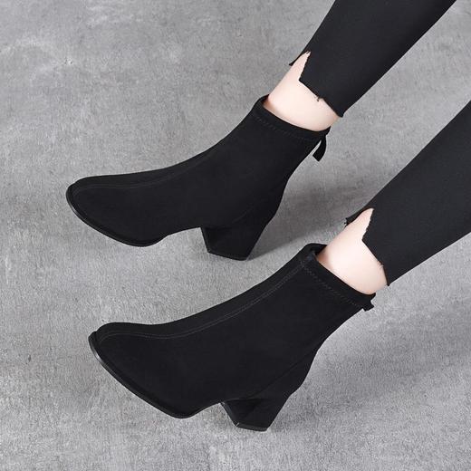瘦瘦靴中跟磨砂短靴冬季加绒弹力中筒方头粗跟5厘米高跟裸靴踝靴 商品图2