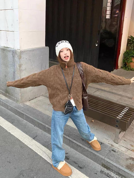 【百图lulu定制】【板栗羊绒外套】羊毛羊绒混纺  绞花  双头拉链 衣领可翻折可立领 羊绒开衫 商品图6