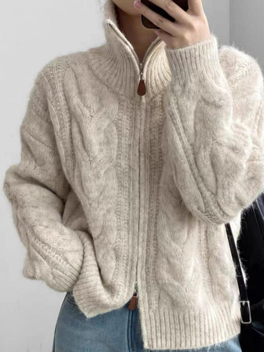 【百图lulu定制】【板栗羊绒外套】羊毛羊绒混纺  绞花  双头拉链 衣领可翻折可立领 羊绒开衫 商品图3