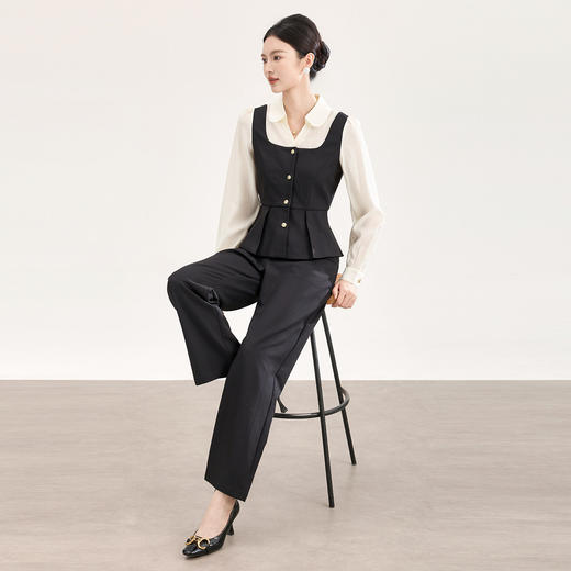 「高货wl」全新升级【铂金会员395/天猫529/差价134】(99850)洛诗琳法式轻熟风假两件撞色收腰上衣高腰直筒裤两件套 商品图1