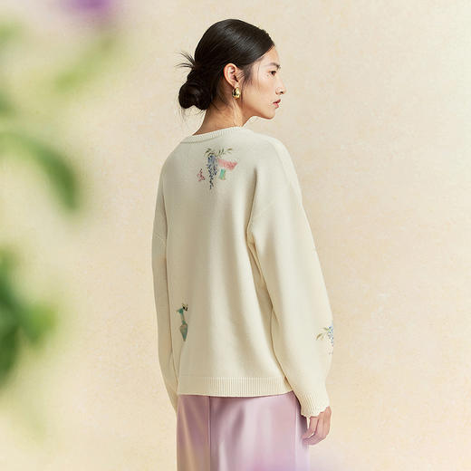 【林栖设计小店】宋瓷雅画|绵羊毛印花米白宽松新中式2026春新款毛织上衣1961049 商品图5