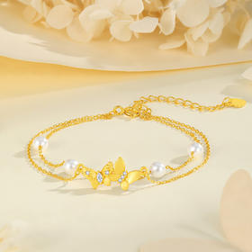 Winy S925 银镀金色 月华蝶影双层手链 仿珍珠蝴蝶合成立方氧化锆 国风灵动女饰