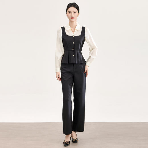 「高货wl」全新升级【铂金会员395/天猫529/差价134】(99850)洛诗琳法式轻熟风假两件撞色收腰上衣高腰直筒裤两件套 商品图0