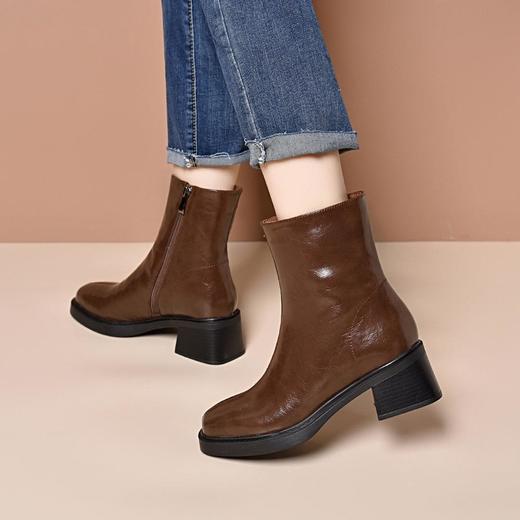 真皮方头粗跟短靴女厚底2024新款秋冬季保暖羊毛马丁靴加绒棉皮鞋 商品图1