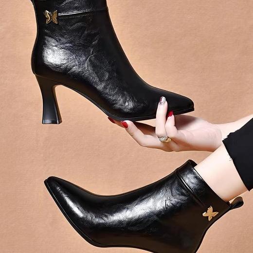 高跟鞋新款秋冬真皮女靴时尚尖头手抓纹短靴女士百搭春秋单靴 商品图3