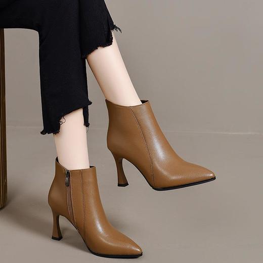细跟高跟鞋女真皮短靴冬季新款尖头时尚加绒皮鞋百搭春秋单靴 商品图0