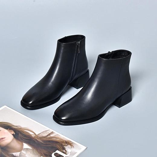 牛皮短靴女方头中跟新款真皮软底软皮春秋单靴粗跟英伦风踝靴 商品图1
