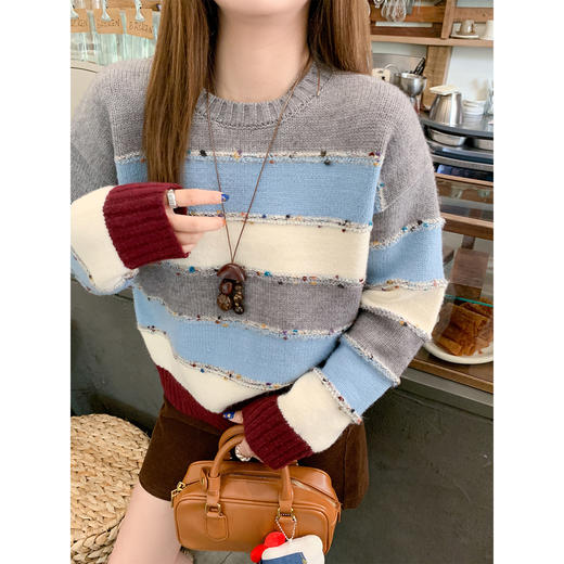 <曾小咸推荐>现货秒杀 ！微信超特价！韩系条纹撞色毛衣 日常199.99 立减110 秒杀89.99！！ 商品图1