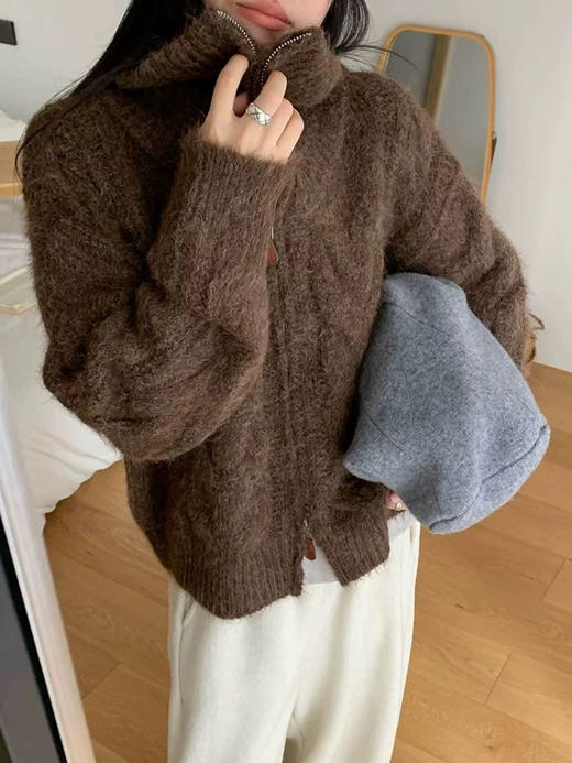 【百图lulu定制】【板栗羊绒外套】羊毛羊绒混纺  绞花  双头拉链 衣领可翻折可立领 羊绒开衫 商品图8