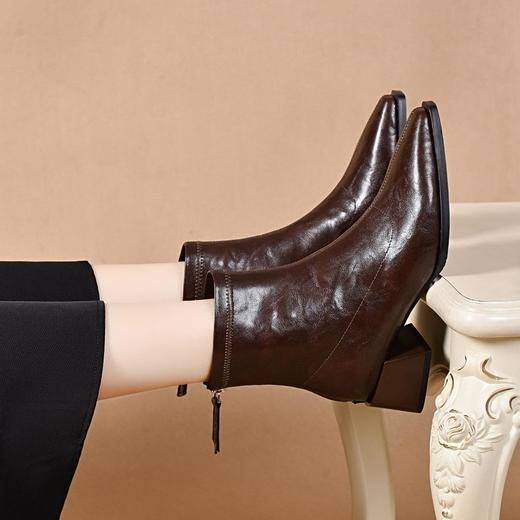 新款春秋季粗跟短靴女真皮高跟踝靴秋冬加绒女鞋方头中跟皮鞋 商品图2