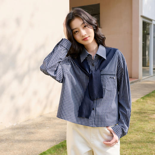 三彩2026春季新款翻领长袖格纹衬衫衬衣宽松气质上衣通勤简约S 商品图3