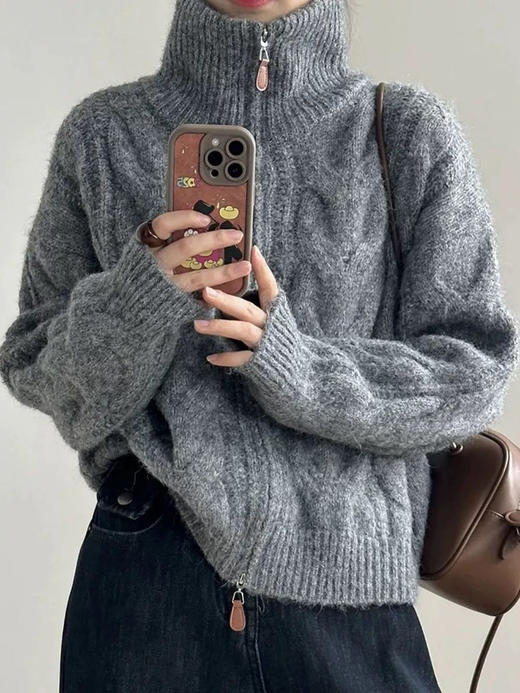 【百图lulu定制】【板栗羊绒外套】羊毛羊绒混纺  绞花  双头拉链 衣领可翻折可立领 羊绒开衫 商品图1