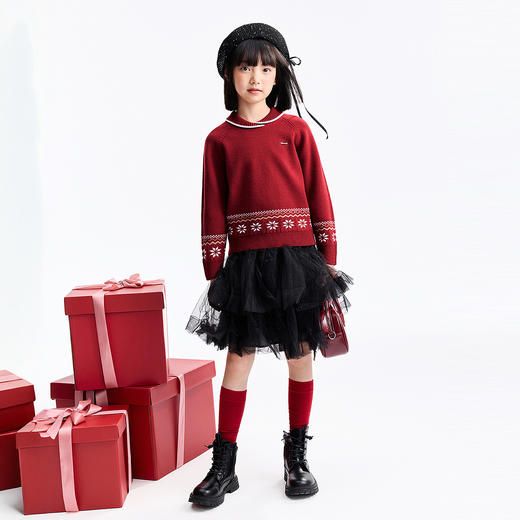 【新潮翻领提花毛衣】女童新年红保暖锁温含羊毛纤维细腻毛衣春季新款安奈儿童装EG614693 商品图3