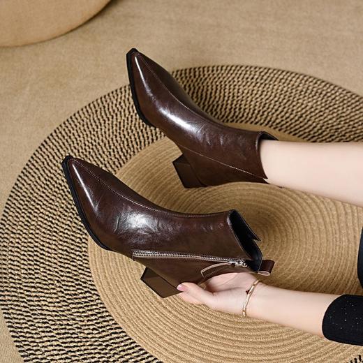 法式尖头堆堆靴女秋冬粗跟气质加绒短靴女士真皮中跟切尔西靴 商品图1