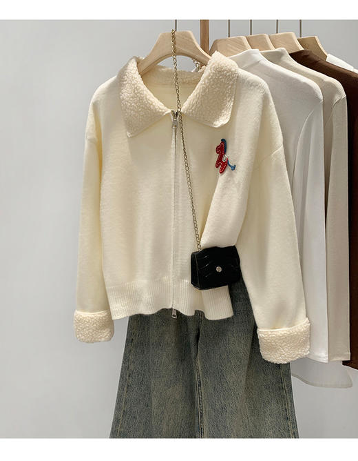 【YW】年后发无忧购新年发财小马刺绣拼羊羔领开衫长袖针织衫8311（2.26开始发货） 商品图6