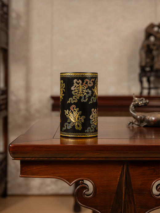 清	大漆描金彩绘多子多福多寿三多图笔筒 商品图2