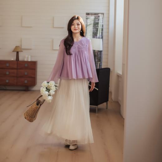 【林栖设计小店】手工绣花|桑蚕丝捏褶钉珠宽松淡紫仙气2026春新款真丝衫1961198 商品图1