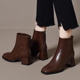 复古粗跟短靴女法式方头中跟显瘦弹力瘦瘦靴英伦风舒适棕色裸靴女