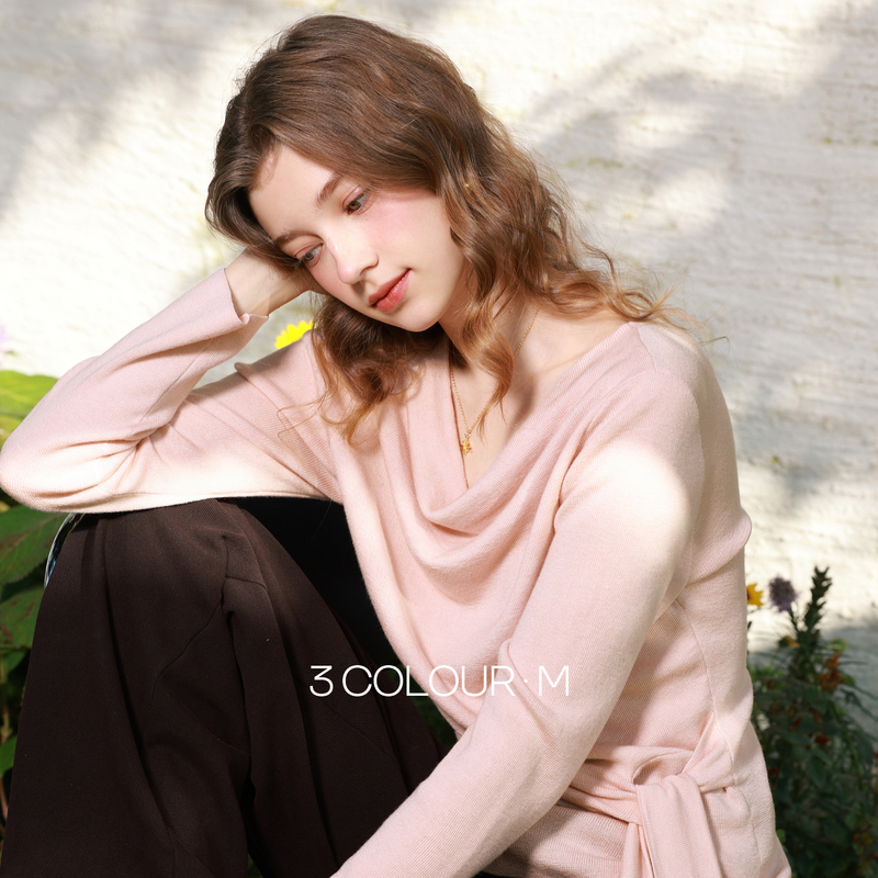 三彩2026春季新款荡领针织衫绑带毛衫修身长袖套头衫优雅M