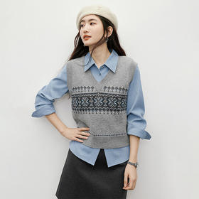 西遇费尔岛背心毛衣女2026年春季新款几何纹提花无袖v领针织马甲SS060067