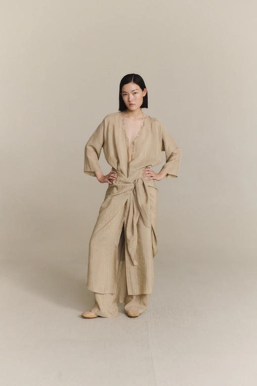 Cortana 26PS 米色亚麻提花条纹eloise围裹式连衣裙 商品图8