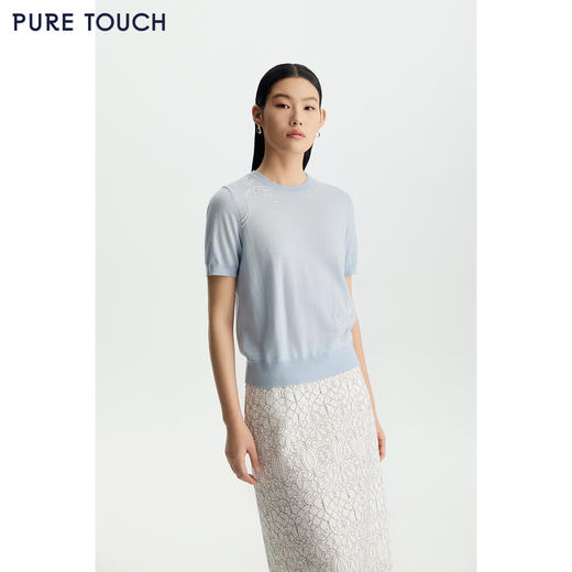 商场同款PURE TOUCH26春夏新款短袖针织衫立体绣绵羊毛圆领半袖衫 商品图0