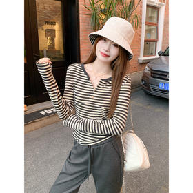 <曾小咸推荐>韩系设计感条纹长袖t恤上衣