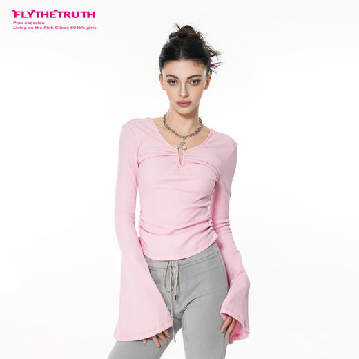 FTT Flythetruth绯红梦境 纯欲珍珠环喇叭袖打底衫女早秋长袖上衣 商品图2