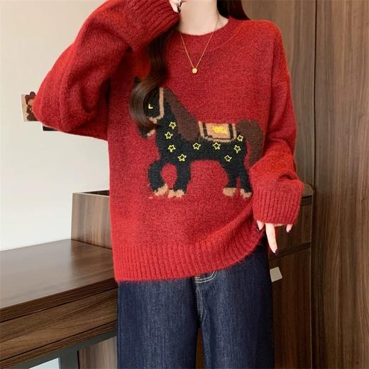 富比羊新年小马羊毛衣 绵羊毛混纺亲肤软糯 新年限定本命红显白到发光 宽松套头版型不挑身材显瘦显气质 商品图8