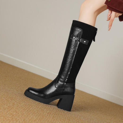 【预售5天】软厚底时装靴真皮圆头骑士靴女棕色百搭粗跟长筒靴CFE&C6500 商品图1