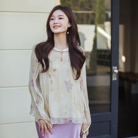 【林栖设计小店】卷草入画|桑蚕丝手工盘扣褶皱印花仙气2026春新款真丝衫1961086