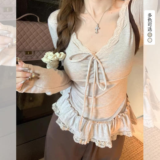 西遇掐腰修身长袖T恤女2026年春季新款芭蕾风蕾丝拼接内搭打底衫SS060063 商品图0