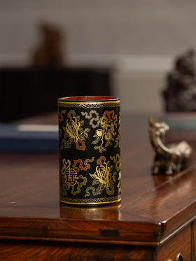 清	大漆描金彩绘多子多福多寿三多图笔筒