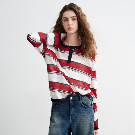 初语竹节麻针织衫女2026春季新款美式运动条纹宽松圆领轻薄上衣 商品图1