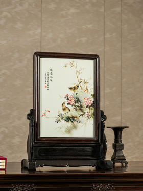 近代	红木镶粉彩花鸟纹插屏