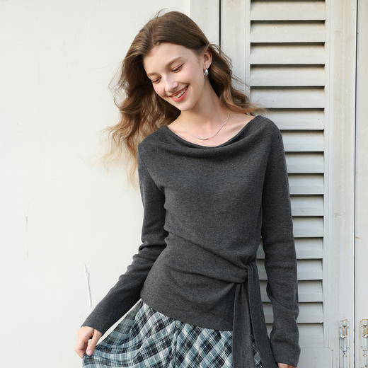 三彩2026春季新款荡领针织衫绑带毛衫修身长袖套头衫优雅M 商品图1