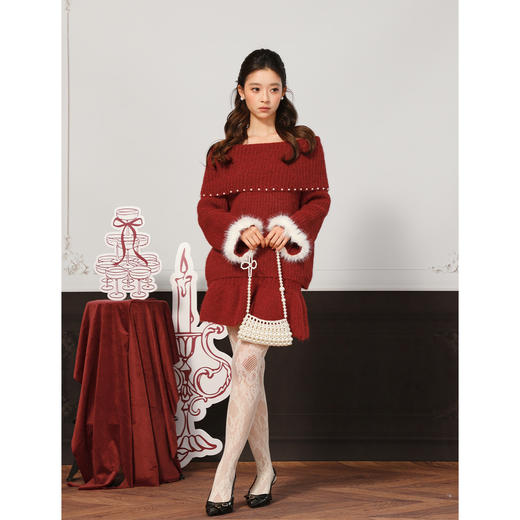 新年一字肩珍珠毛毛毛衣-纪念日百货门店同款168898660 商品图4