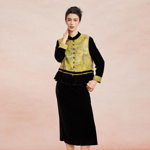 RE803斯尔丽26新款国风金丝绒弹力改良旗袍式连衣裙搭配印花马甲套装 商品图0