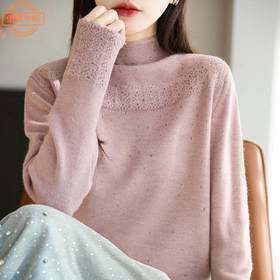 「自」全新升级【铂金会员128/天猫169/差价41】(10811)洛诗琳时髦半高领钩花毛衣2026新款气质烫钻保暖针织打底衫