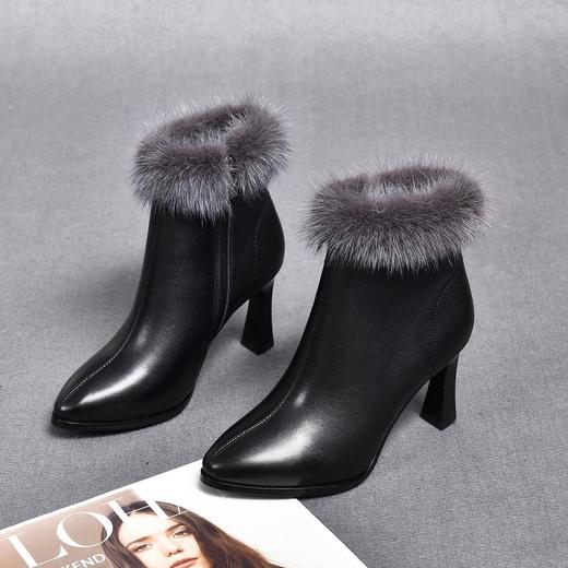 2025年新款秋冬季细跟小跟短靴女气质高跟鞋加绒真皮鞋磨砂女靴子 商品图3