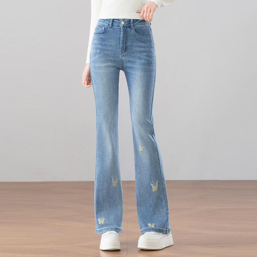 「自」全新升级【铂金会员146/天猫199/差价53】(14829)洛诗琳时尚烫钻刺绣牛仔裤2026春季新款高腰显瘦喇叭长裤 商品图1