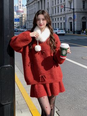 蝴蝶结毛领针织套装-纪念日百货门店同款168898643