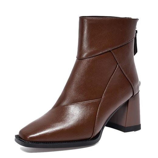 高跟方头短靴女真皮后拉链瘦瘦靴百搭粗跟短筒踝靴加绒高跟时装靴 商品图4