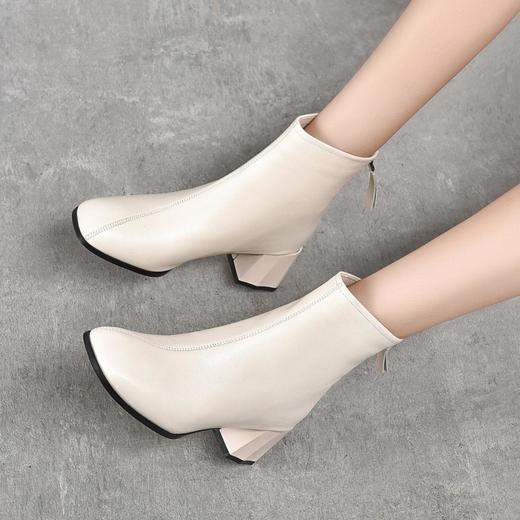 牛皮短靴秋冬新款方头真皮软皮中跟粗跟后拉链杏色短筒女靴 商品图2