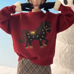 富比羊新年小马羊毛衣 绵羊毛混纺亲肤软糯 新年限定本命红显白到发光 宽松套头版型不挑身材显瘦显气质